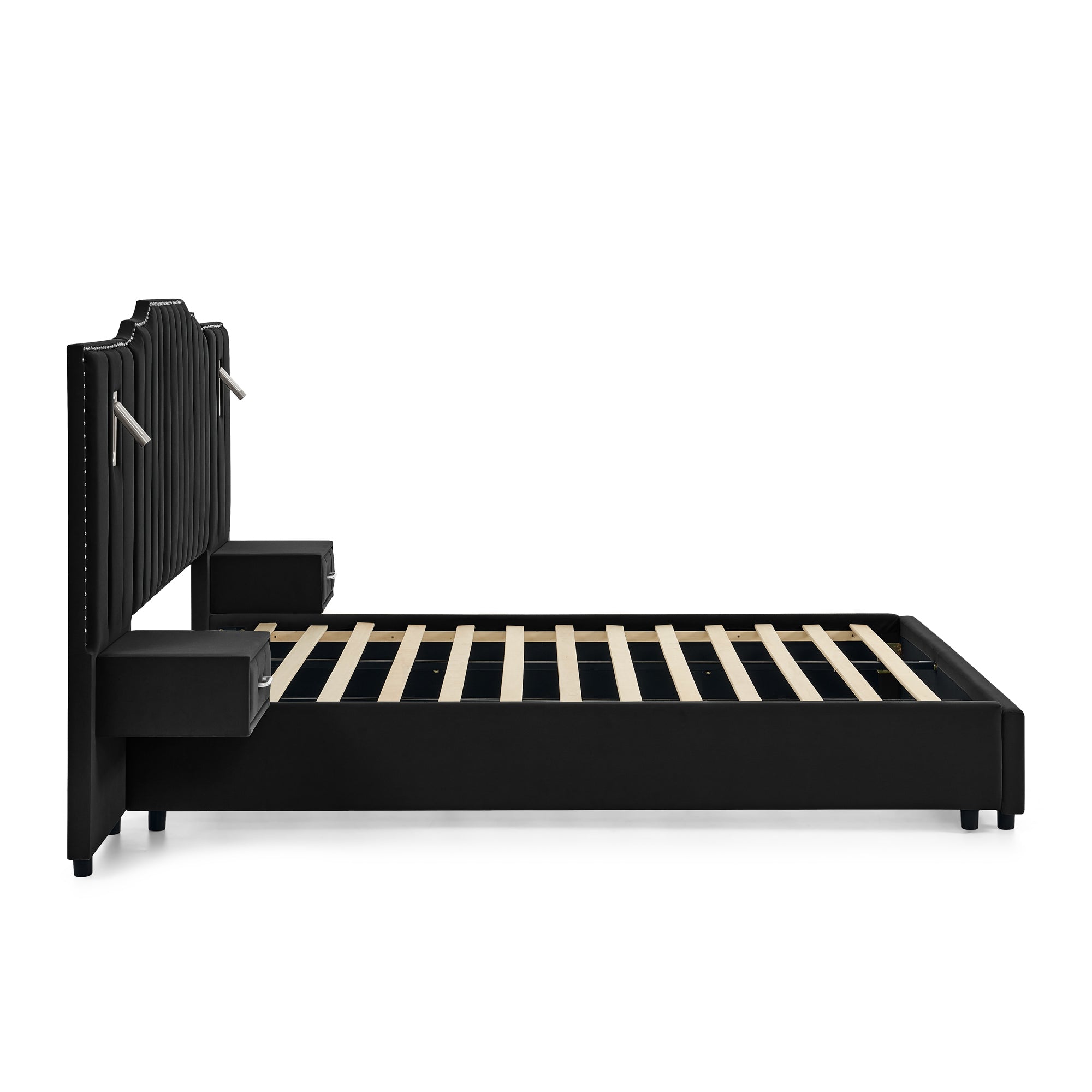 Side profile of queen upholstered bed frame with velvet finish and slatted base, featuring integrated bedside tables.