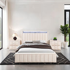 Queen Size Bed Set with Nightstands - Contemporary Beige Furniture.