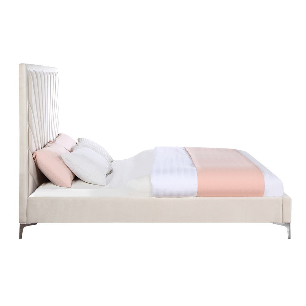 Side profile of King Size Platform Bed - Velvet Upholstered in beige with low-profile frame and plush channel-tufted headboard, modern design.