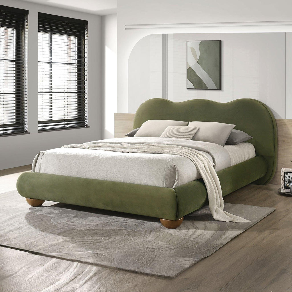 Olive Green Queen Size Bed with Boucle Upholstery.