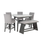 Jasmine Bar Table dining set with grey marble top, arched legs, 4 chairs and a bench, perfect for modern dining rooms seating 4.
