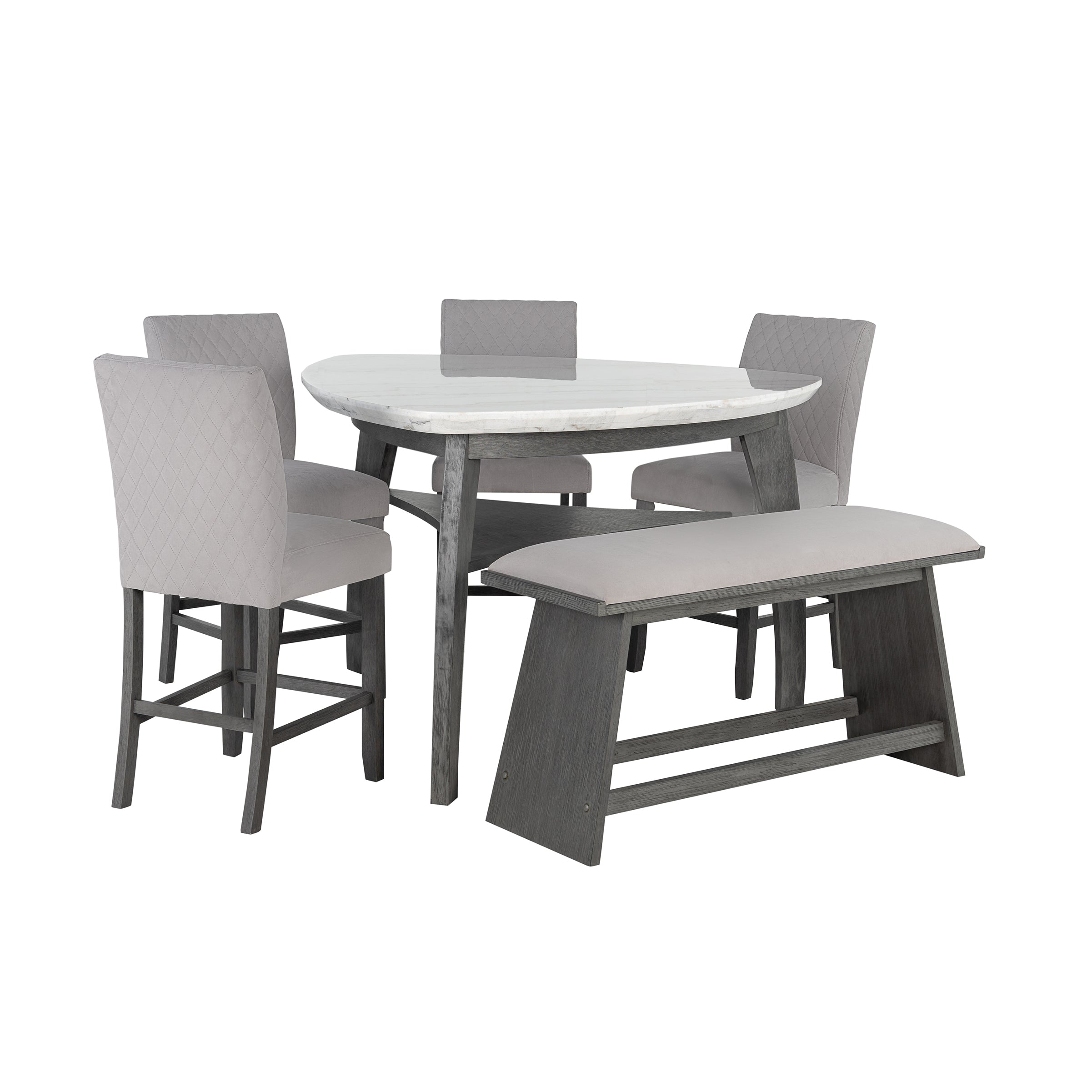 Jasmine Bar Table dining set with grey marble top, arched legs, 4 chairs and a bench, perfect for modern dining rooms seating 4.
