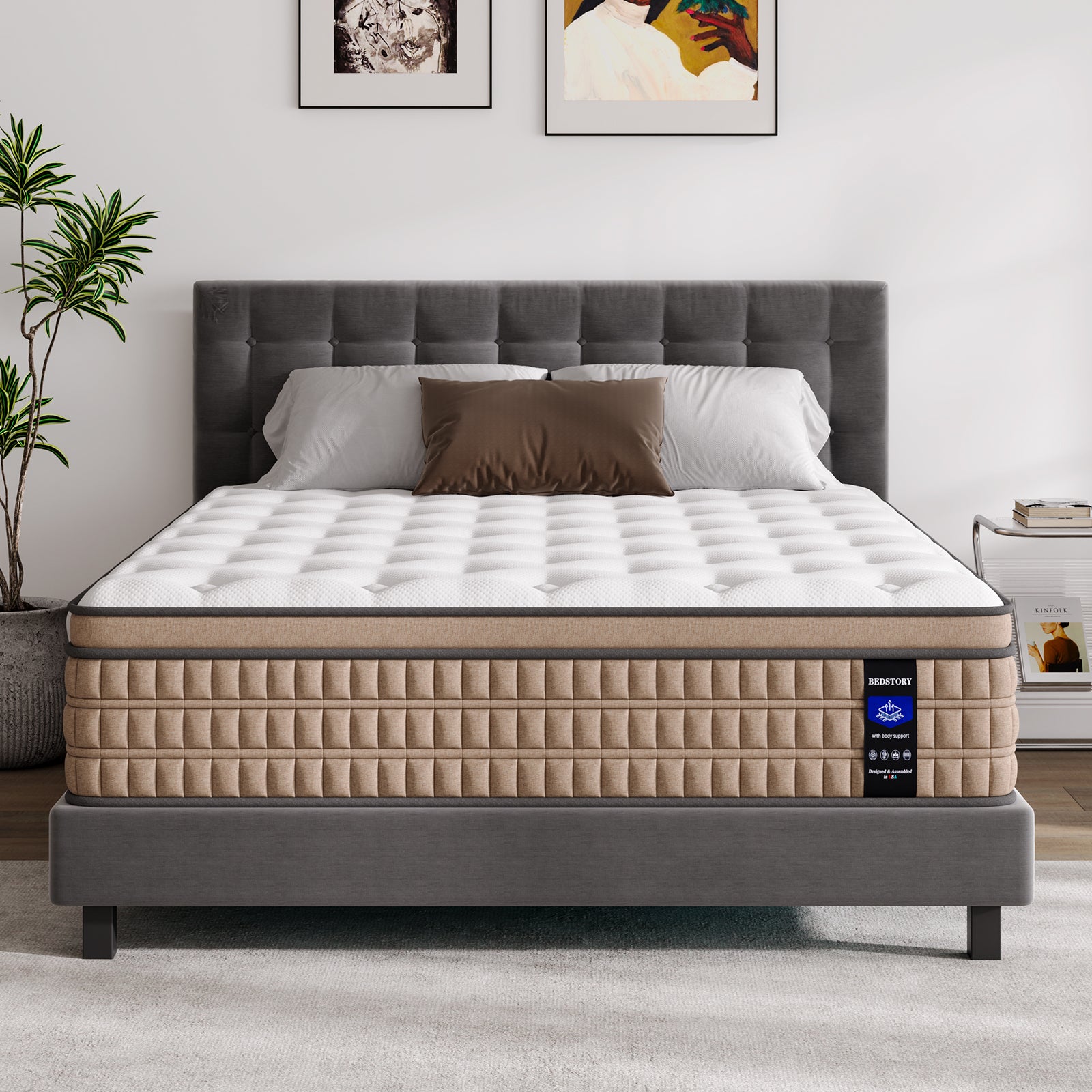14 Inch King Hybrid Mattress with gel memory foam and pocket springs on a modern bed frame, ideal for comfort and support in bedroom furniture.