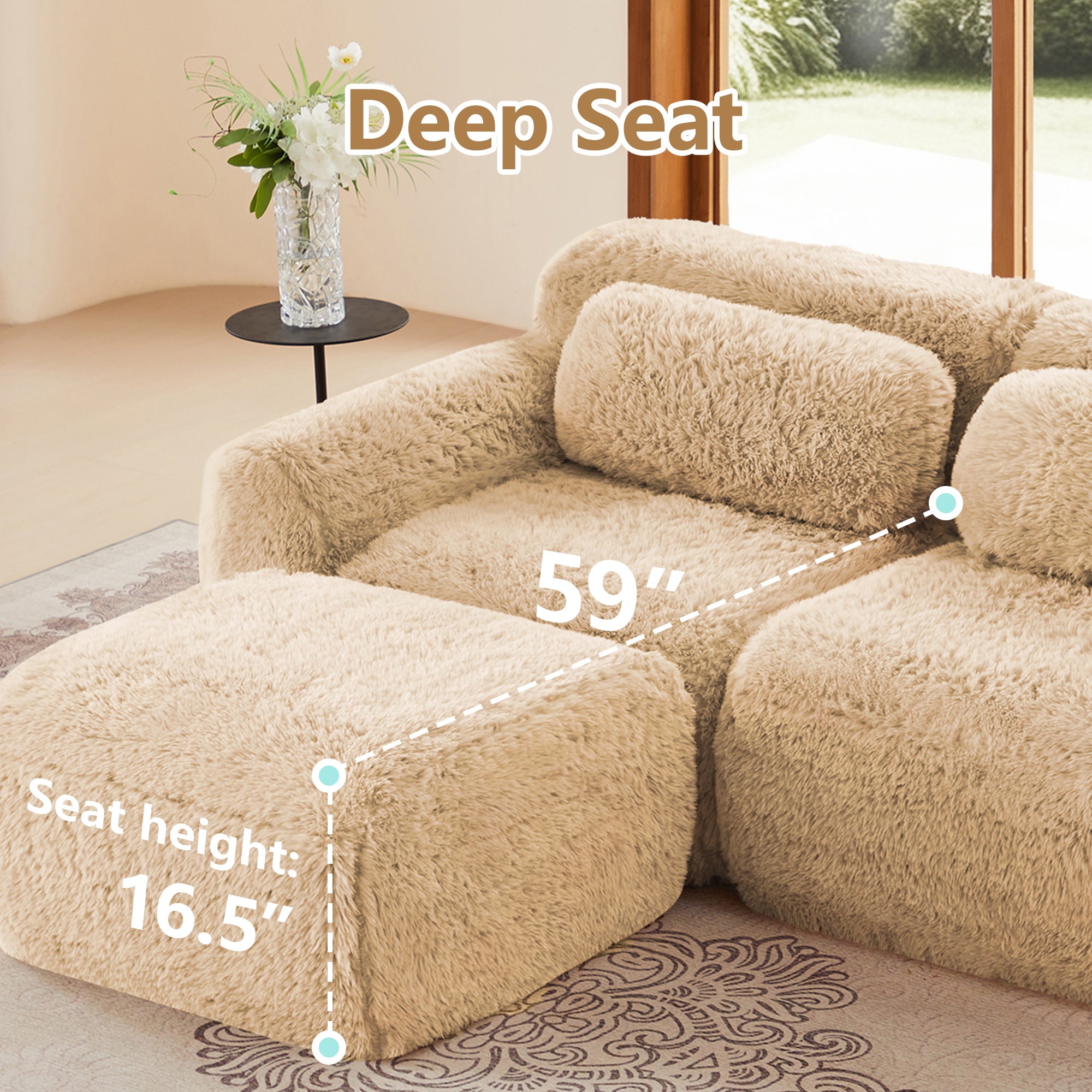 Deep seat measurement of modular sofa with 59-inch depth and 16.5-inch seat height, ideal for lounging and comfort.