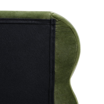 Backside close-up of the Stockholm Modern king bed's wavy headboard in olive green velvet with black fabric lining.