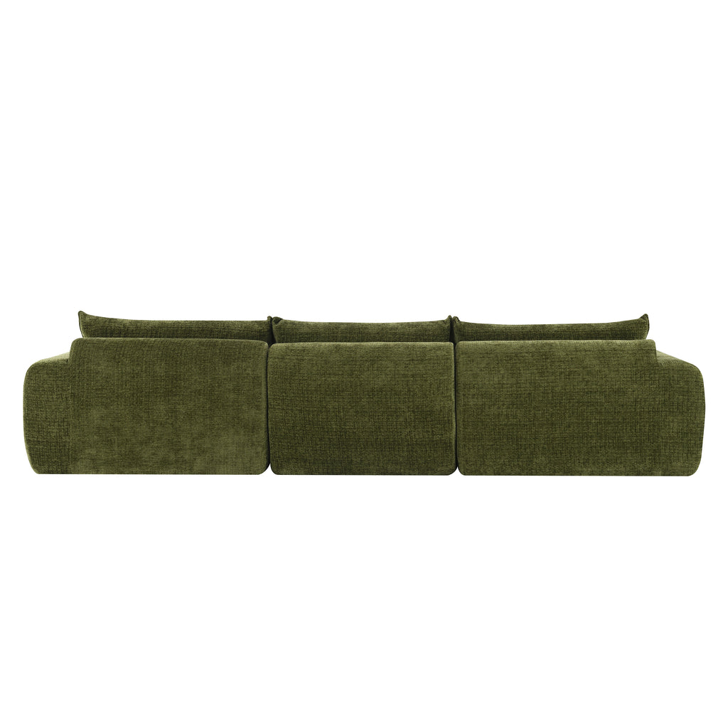 Rear view of 116'' compressed sofa with high density foam, featuring three large back cushions and seamless no-assembly design.