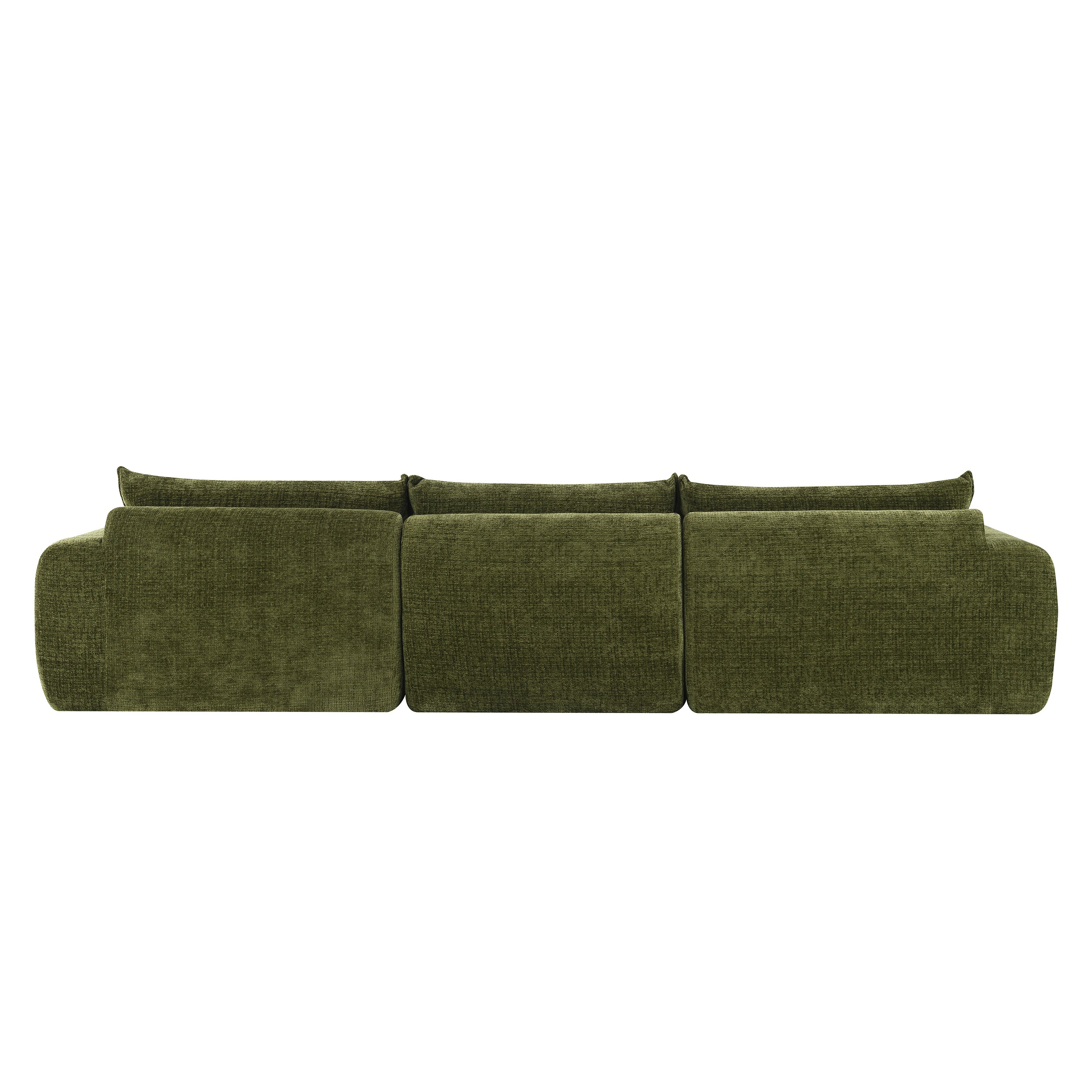 Rear view of 116'' compressed sofa with high density foam, featuring three large back cushions and seamless no-assembly design.