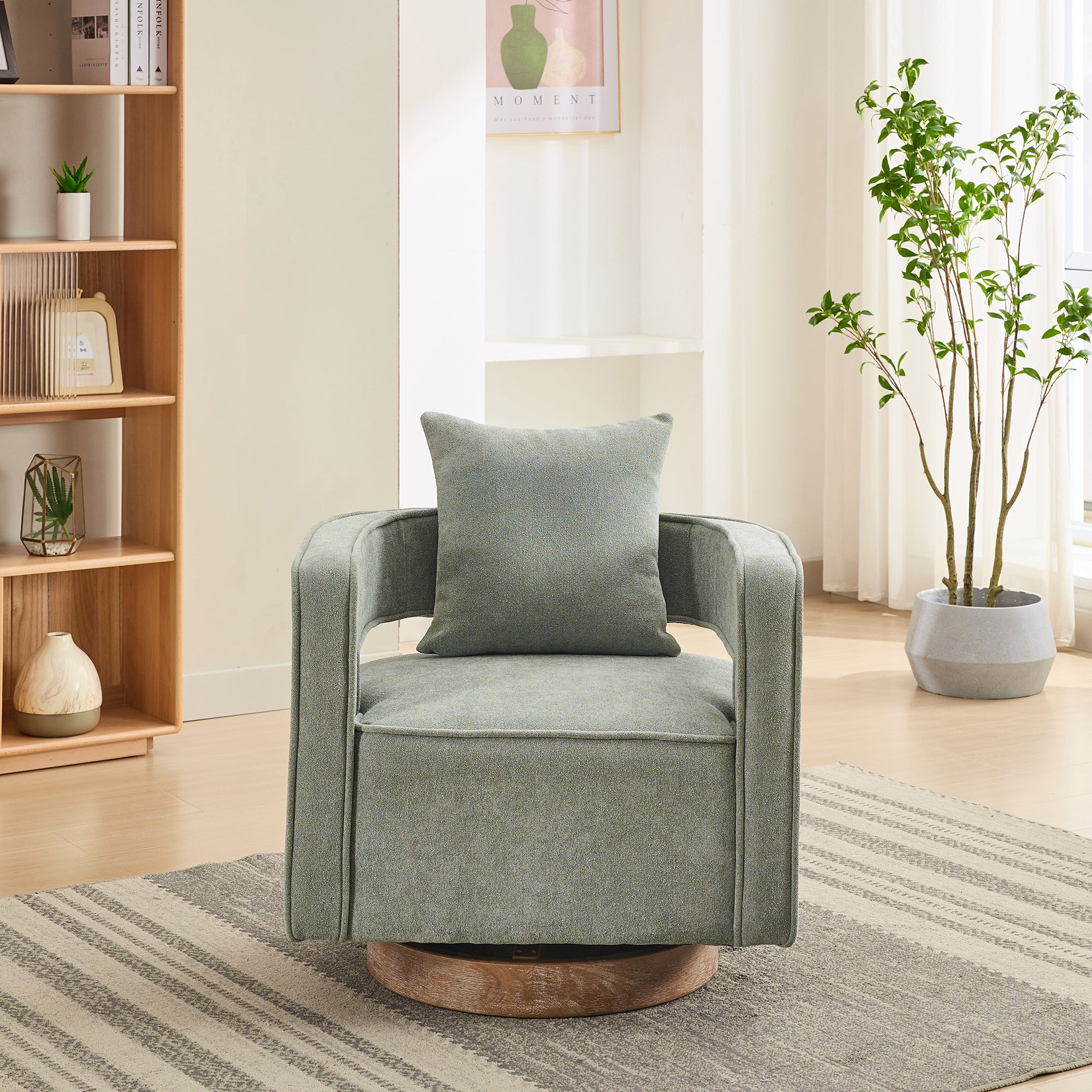 Front view of Swivel Accent Chair Linen Blend - Weathered Base featuring plush cushion and curved armrests for stylish comfort.