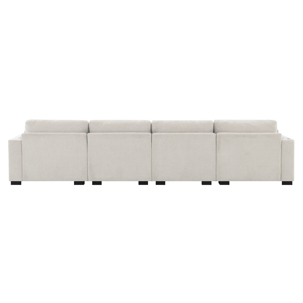 Rear view of 5-seat Modular Sectional Sofa - Dual Charging & Storage in beige chenille, highlighting its clean lines and modular construction.