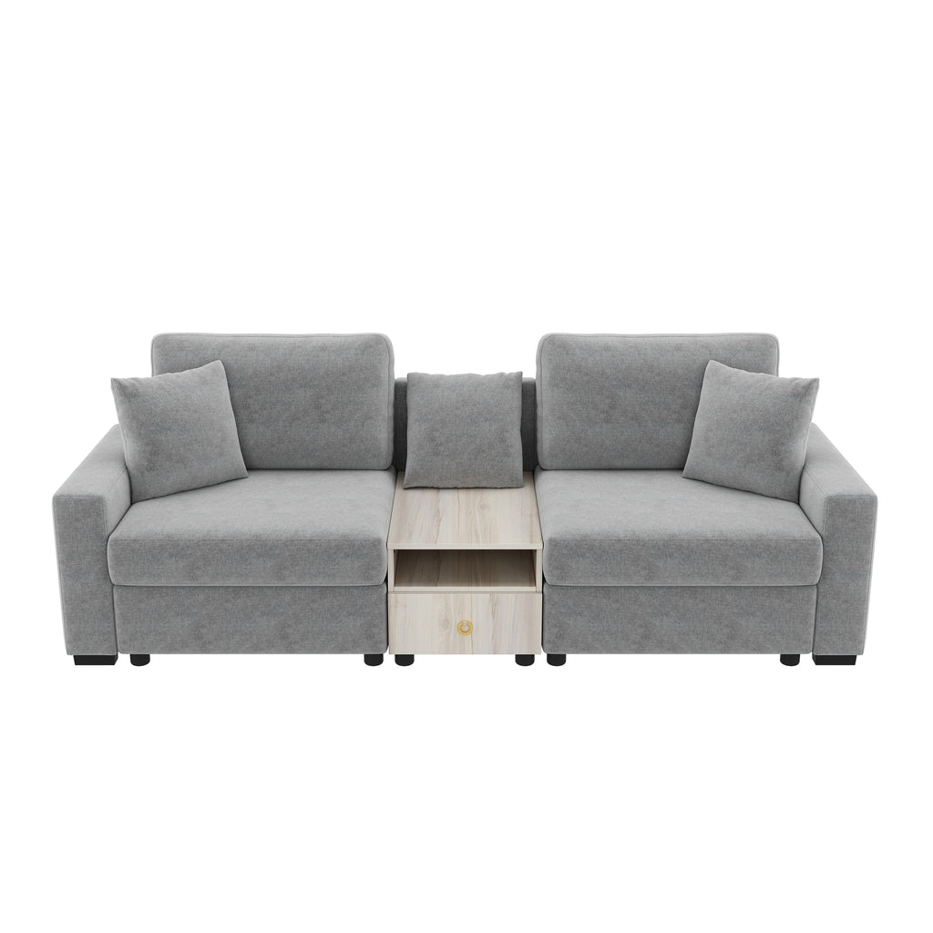 96-Inch Grey Chenille 2-Seater Sofa with Storage Armrest and Console