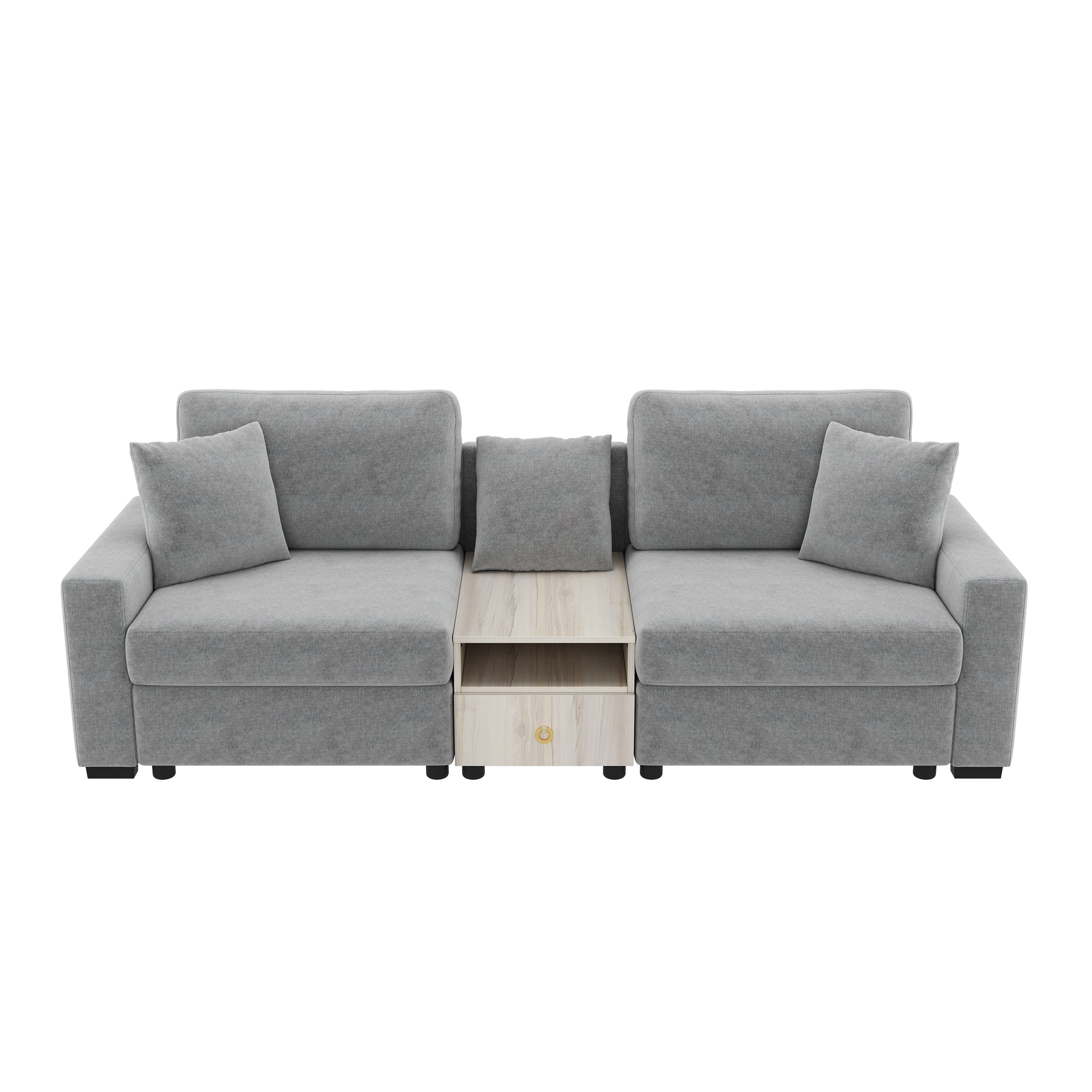 96-Inch Grey Chenille 2-Seater Sofa with Storage Armrest and Console