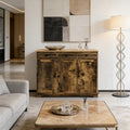 Rustic wooden buffet with three drawers and three cabinets, featuring a weathered brown finish and black hardware.