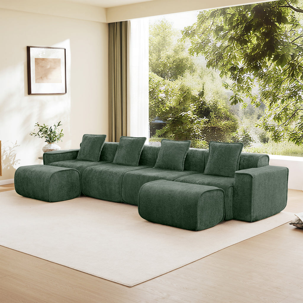 Spacious Modular Green Velvet Sofa with ottomans and plush cushions, perfect for relaxing and entertaining in stylish living spaces.