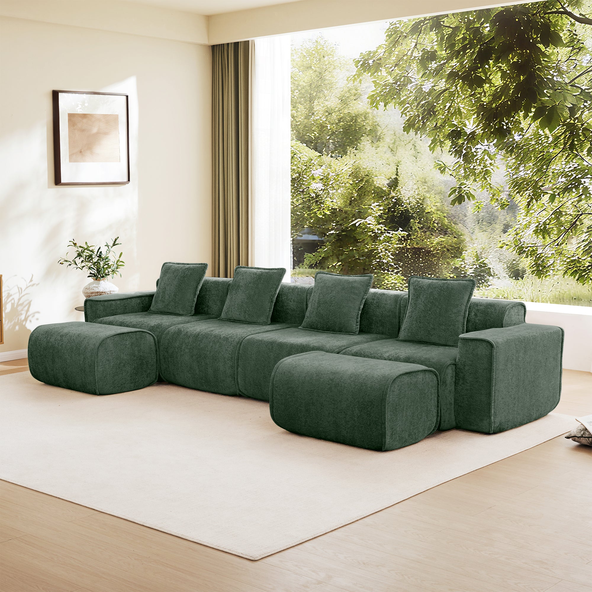 Spacious Modular Green Velvet Sofa with ottomans and plush cushions, perfect for relaxing and entertaining in stylish living spaces.