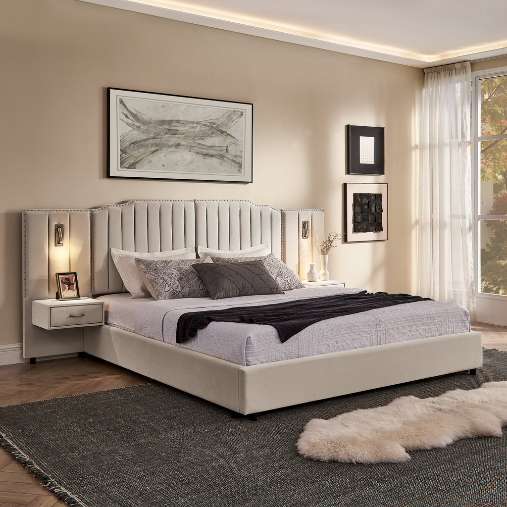 King upholstered bed frame with vertical stripe headboard, built-in nightstands, and no box spring design in modern bedroom setting.