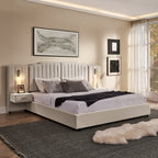 King upholstered bed frame with vertical stripe headboard, built-in nightstands, and no box spring design in modern bedroom setting.