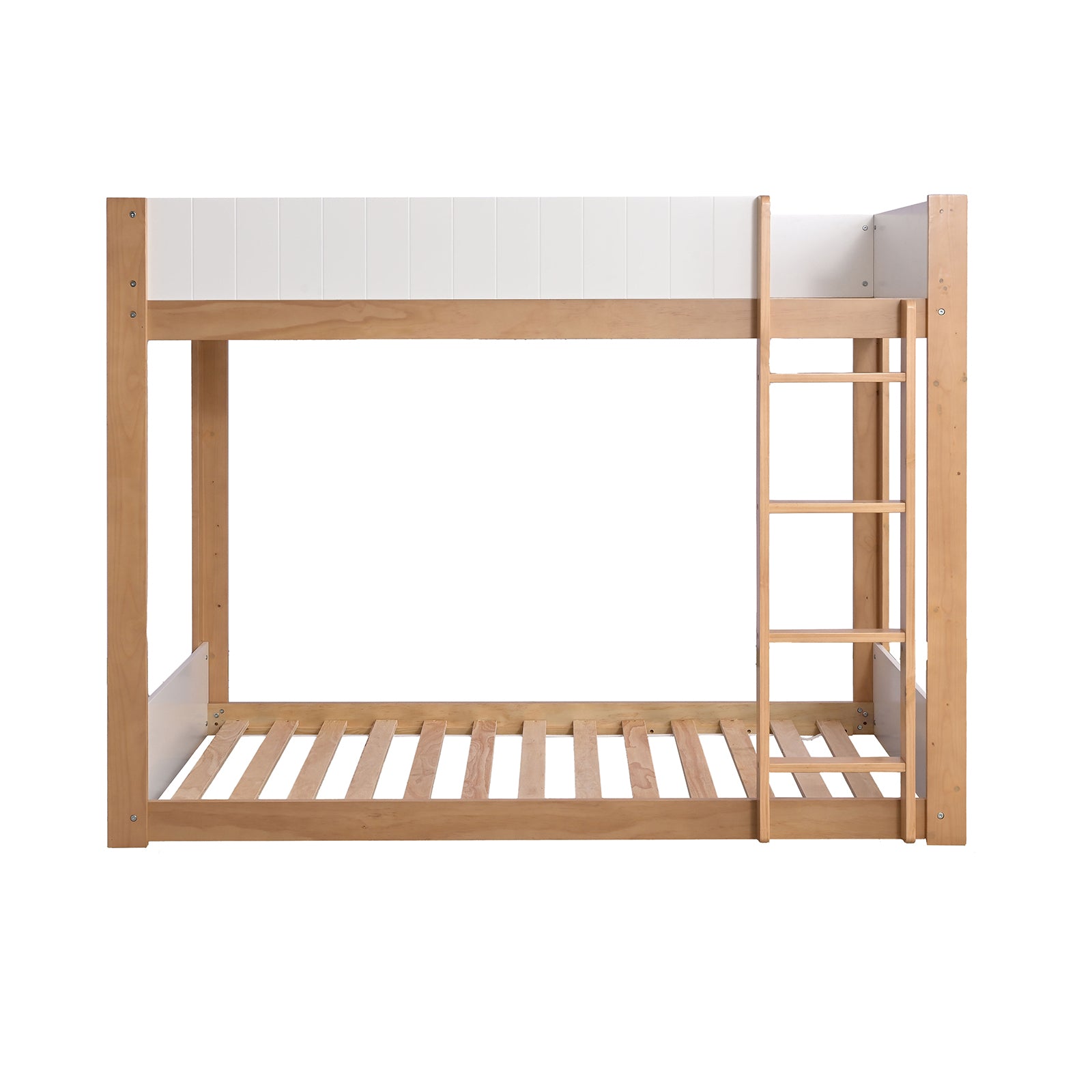 Side view of twin over twin bunk bed frame in white and wood finish, showing slatted base and vertical ladder for easy access.