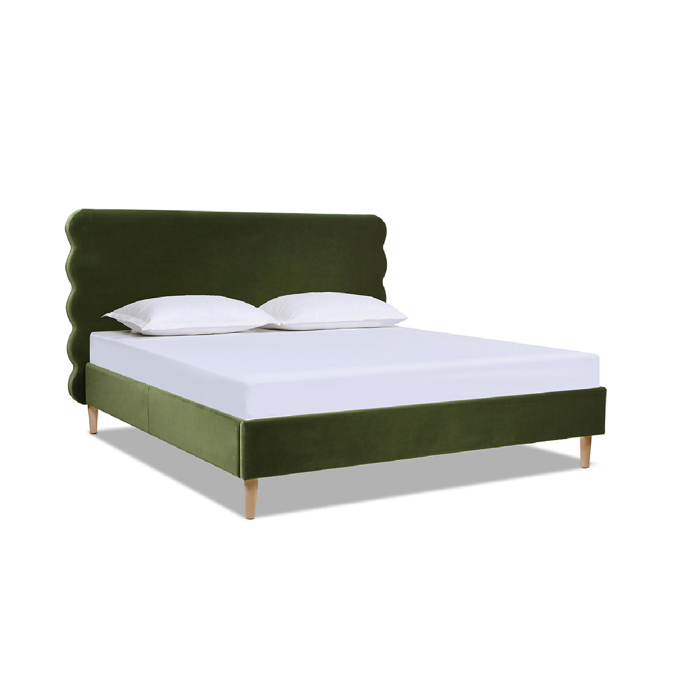 Stockholm Modern king size platform bed in olive green velvet with wavy headboard and minimalist wood legs, mattress included.