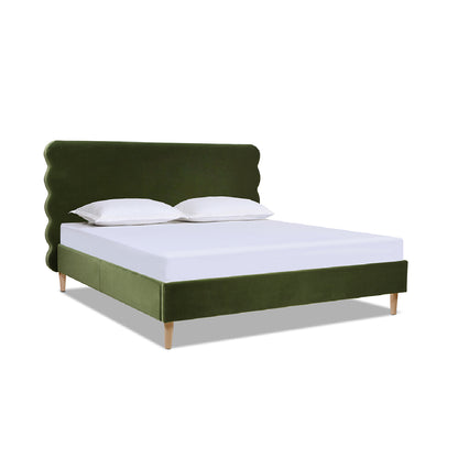 Stockholm Modern king size platform bed in olive green velvet with wavy headboard and minimalist wood legs, mattress included.