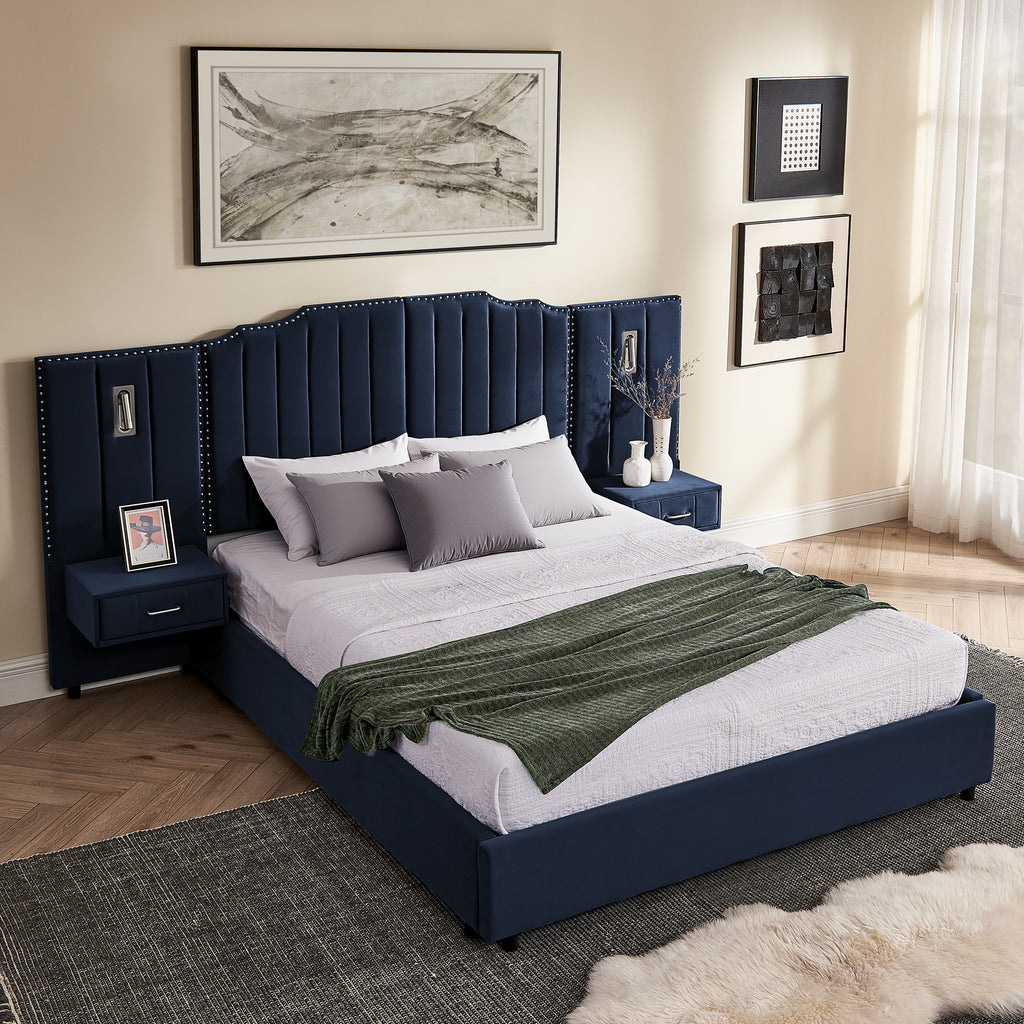 Velvet queen bed frame with vertical striped headboard, storage drawers, and attached nightstands in a modern bedroom setup.