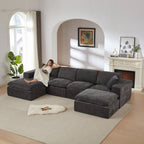 Chenille Cloud Sofa in dark gray with modular design, shown in a modern living room with a woman lounging. Flexible and comfy for home spaces.