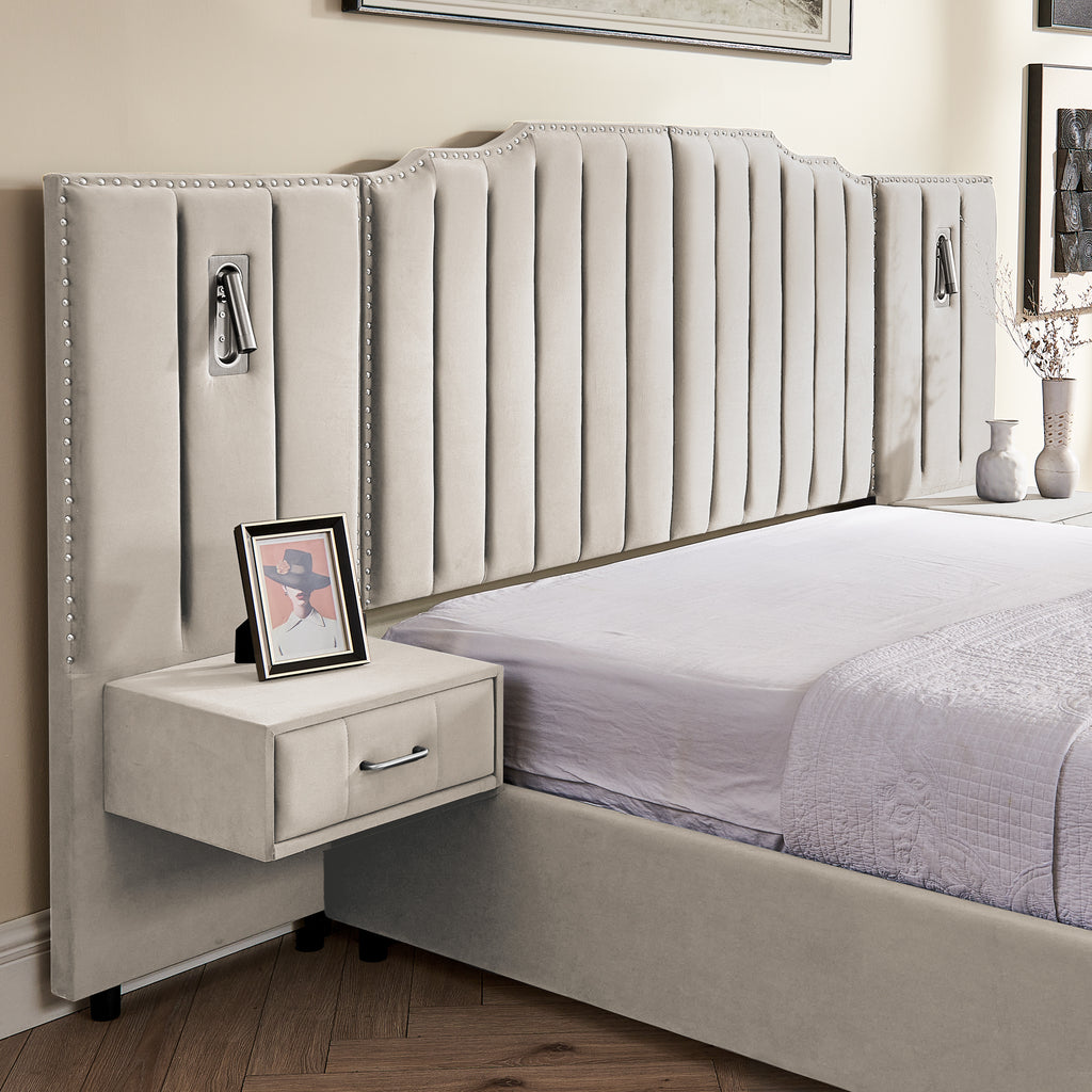 Close-up of velvet queen bed frame with vertical stripe headboard and floating bedside table featuring a drawer and framed photo decor.