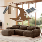 No assembly required for chocolate plush modular sofa, shown in three simple setup steps for quick installation.
