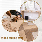 Wood carving craftsmanship shown on modern console table with chevron pattern, emphasizing artisan quality and detail.