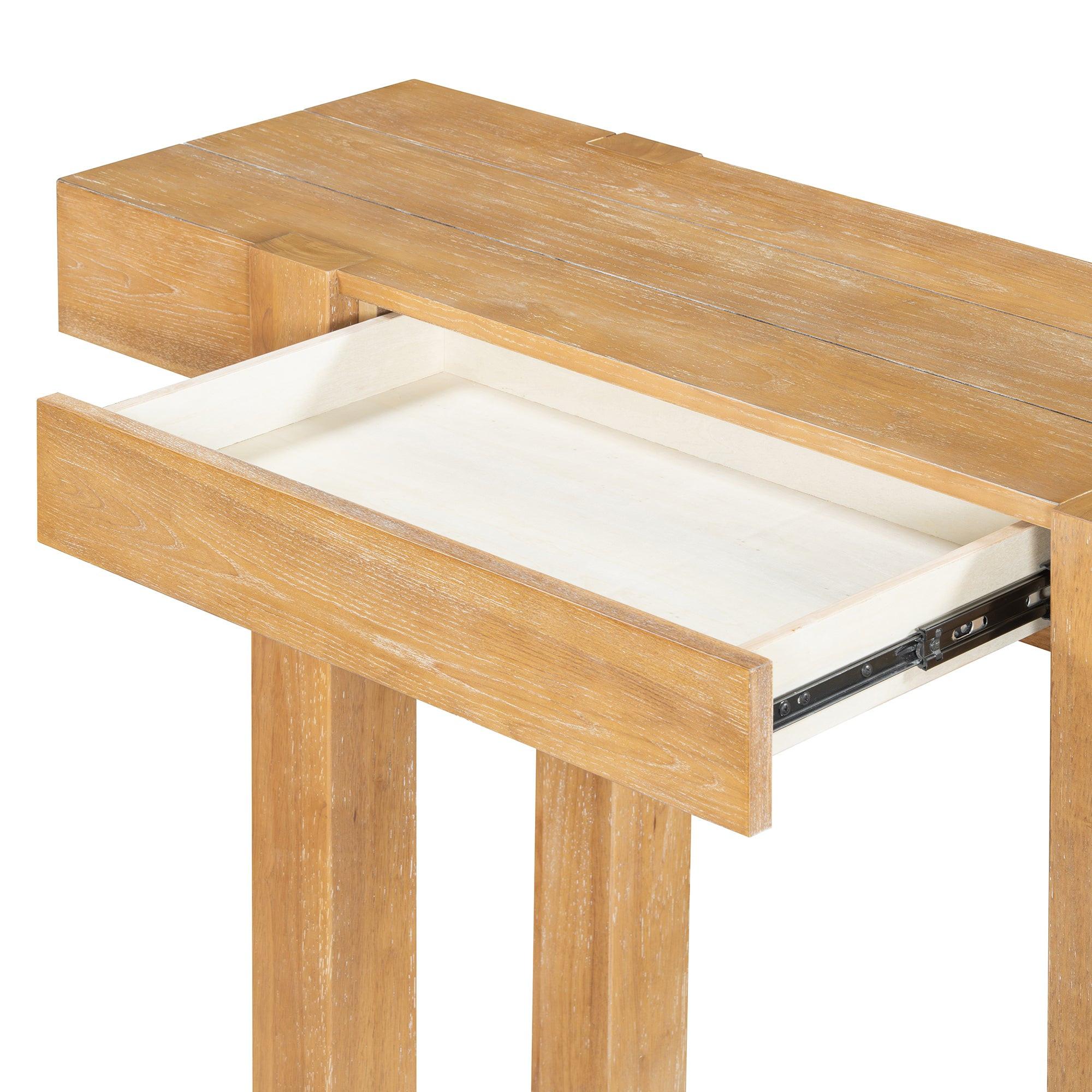 Detail of open hidden drawer in Rustic Wood Console Table - Outlet & Drawer | Solid with Natural Finish showing interior space.