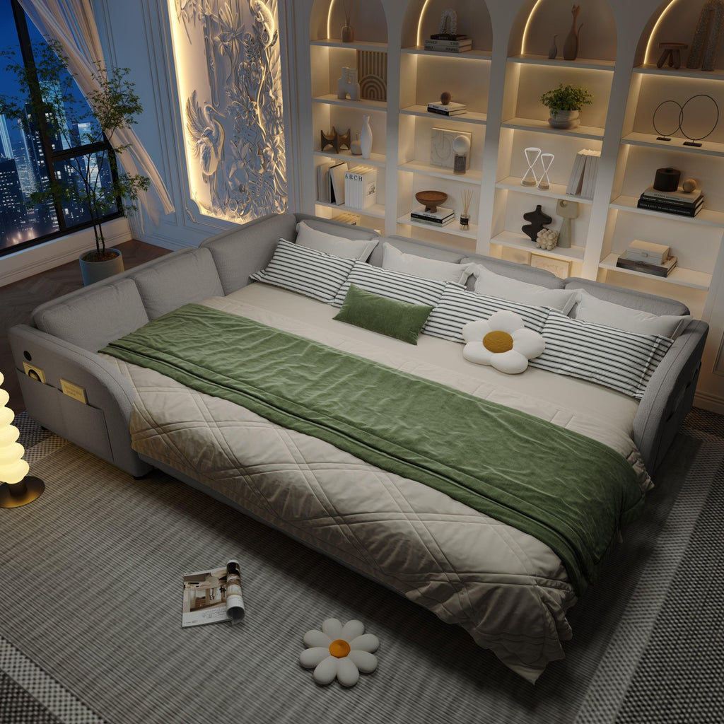 L-Shaped Sofa with Pull-Out Bed and USB Port.