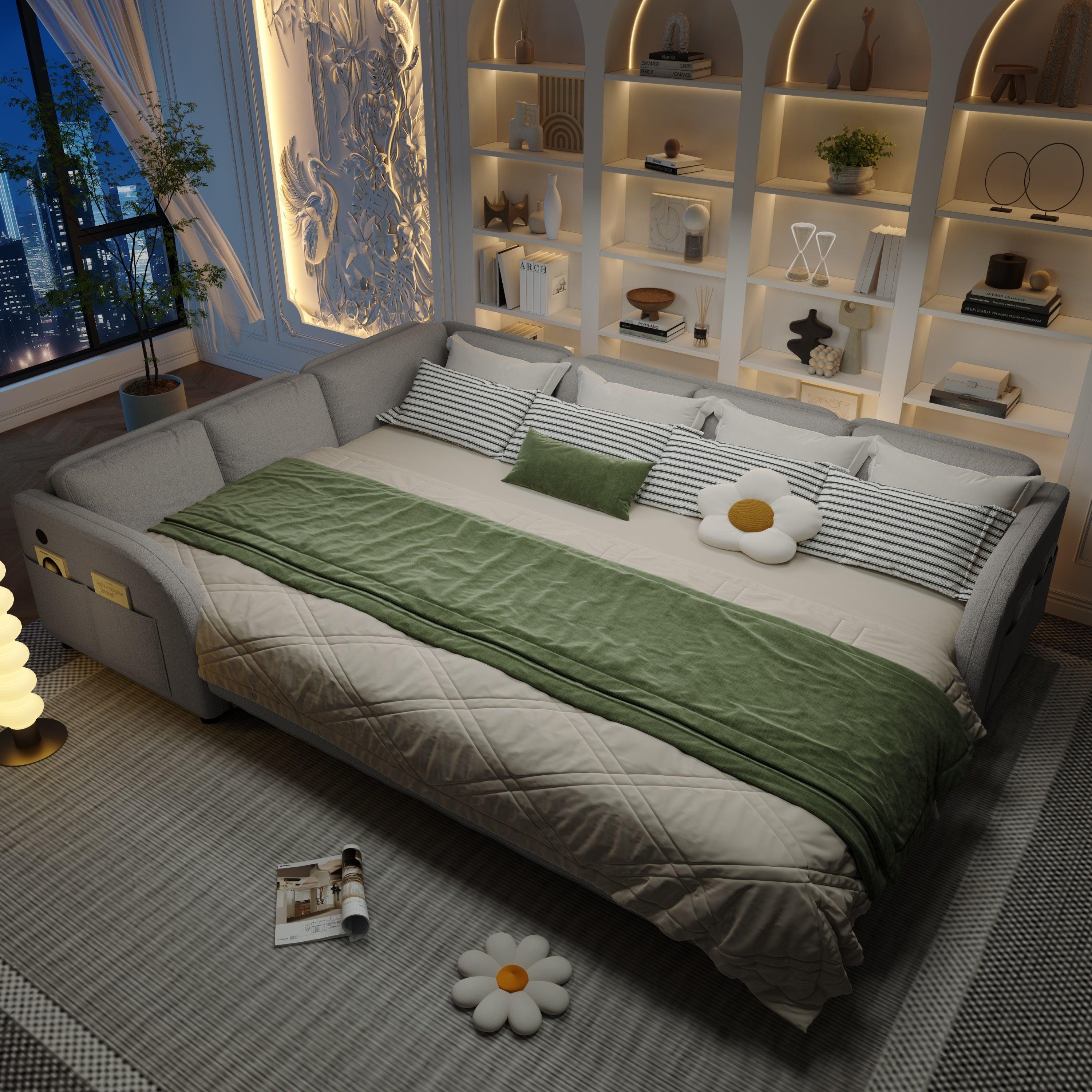 L-Shaped Sofa with Pull-Out Bed and USB Port.