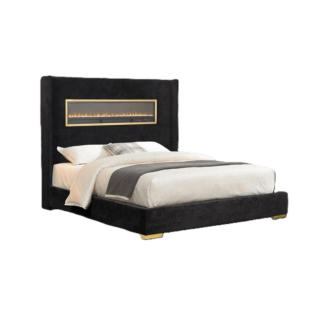 Contemporary Style Black Color 1pc Queen Size Bed Upholstered Fabric Bedframe Bedroom Furniture 3D Fireplace HB.