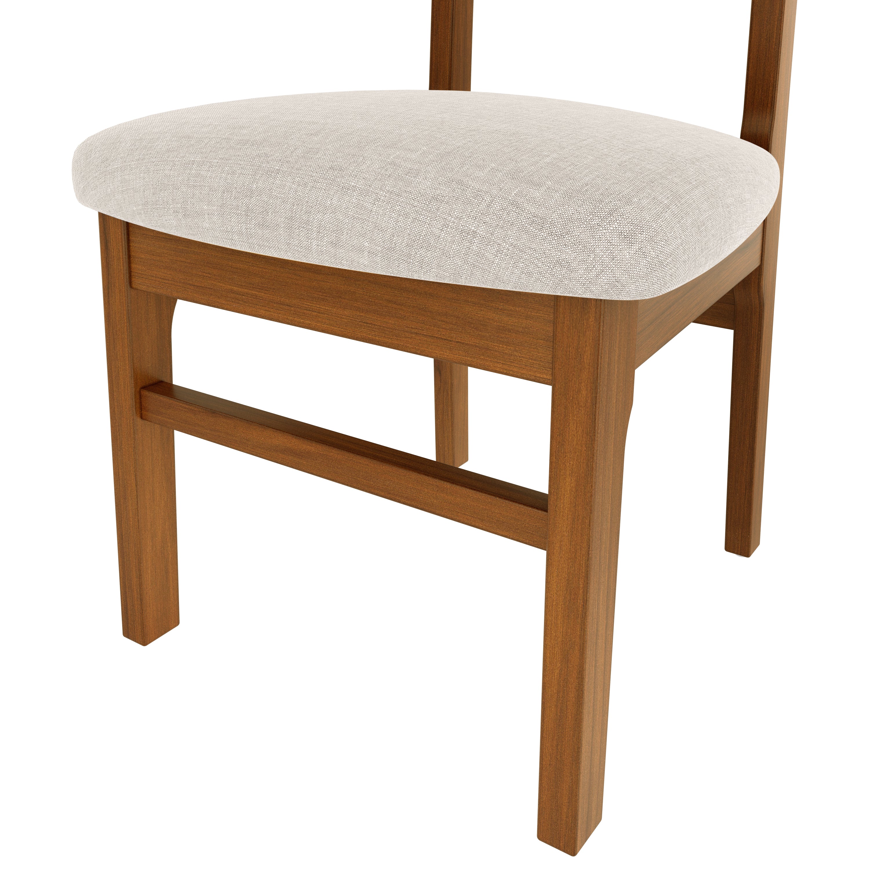 Close-up of the cushioned seat and wooden legs of a Mid-Century Modern Dining Chair with reinforced crossbar.