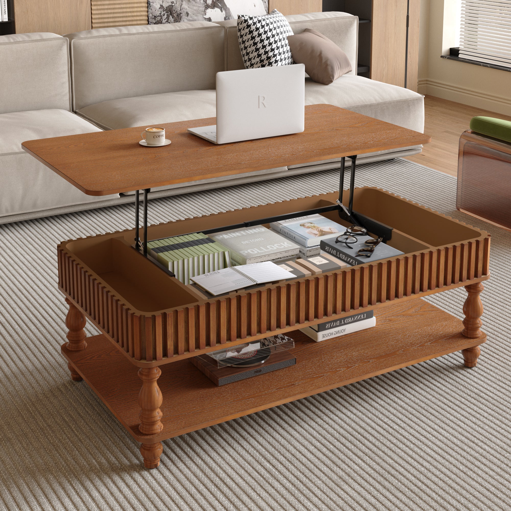 Lift-top coffee table in vintage brown with hidden storage compartment and solid wood construction, perfect for multifunctional living spaces.