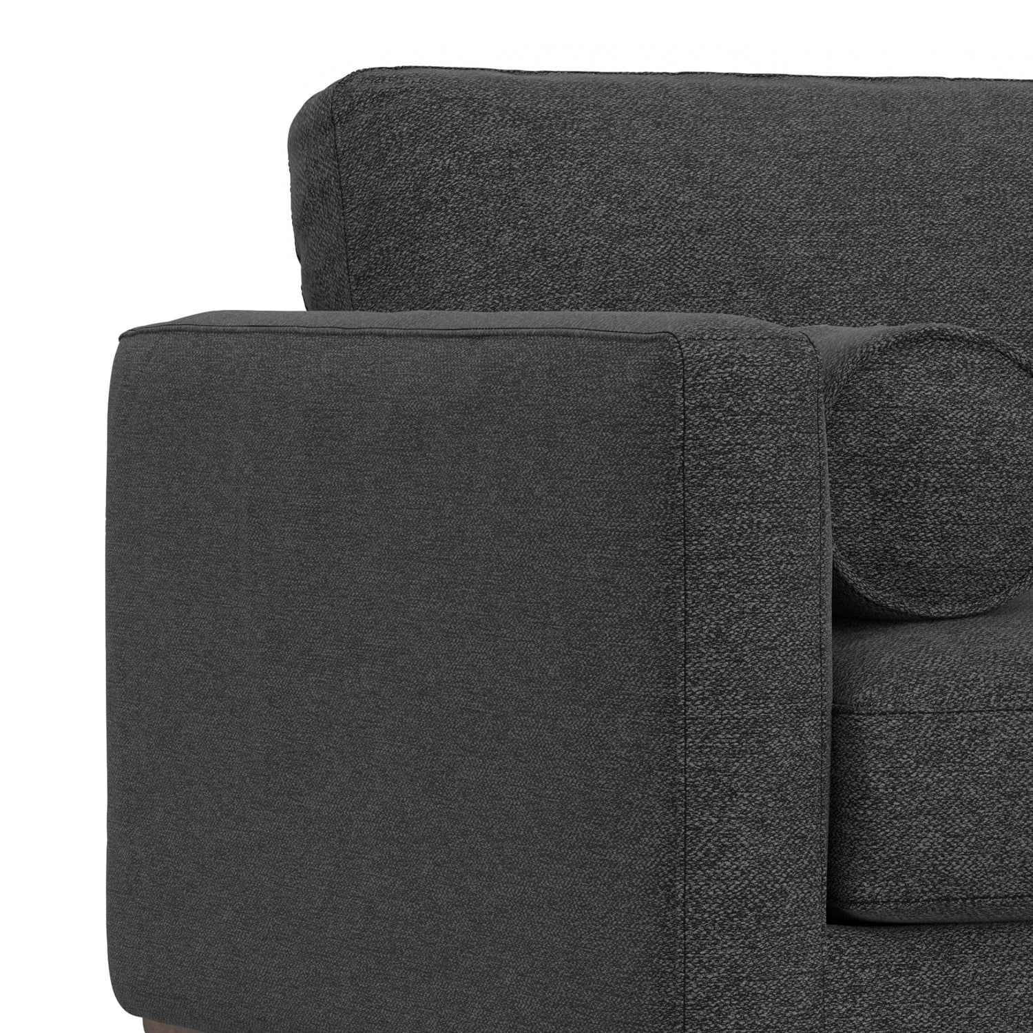 Armrest detail of Morrison Arm Chair in Charcoal Grey. Showcases clean lines and thick cushioning for enhanced comfort and support.