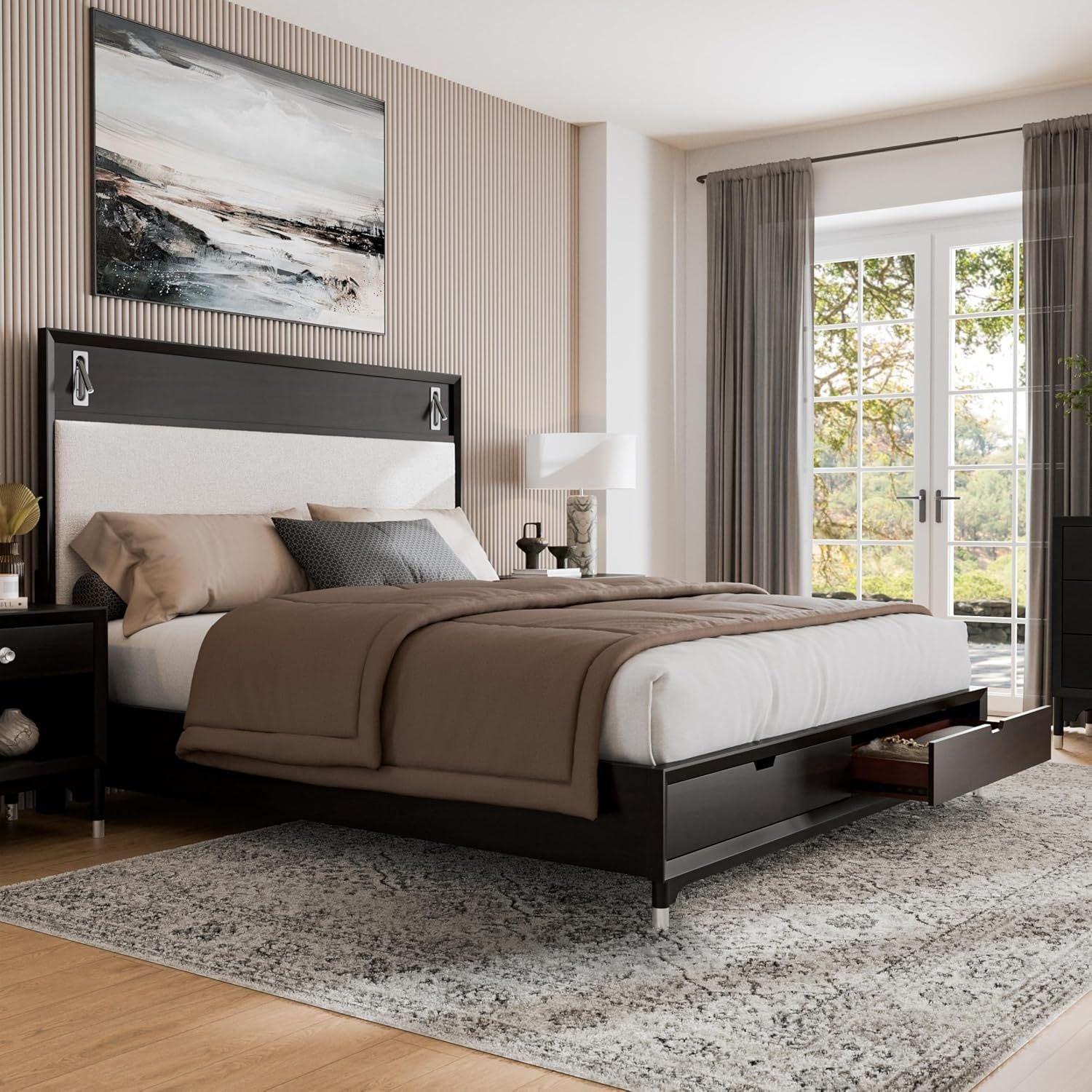 Mid-Century Modern King Size Bed with Storage Drawers.