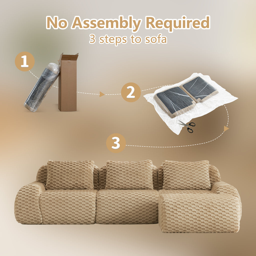 No assembly required for L-Shaped Modular Sectional Sofa - Light Camel, shown in a 3-step setup process from box to full sofa.
