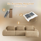 No assembly required for L-Shaped Modular Sectional Sofa - Light Camel, shown in a 3-step setup process from box to full sofa.