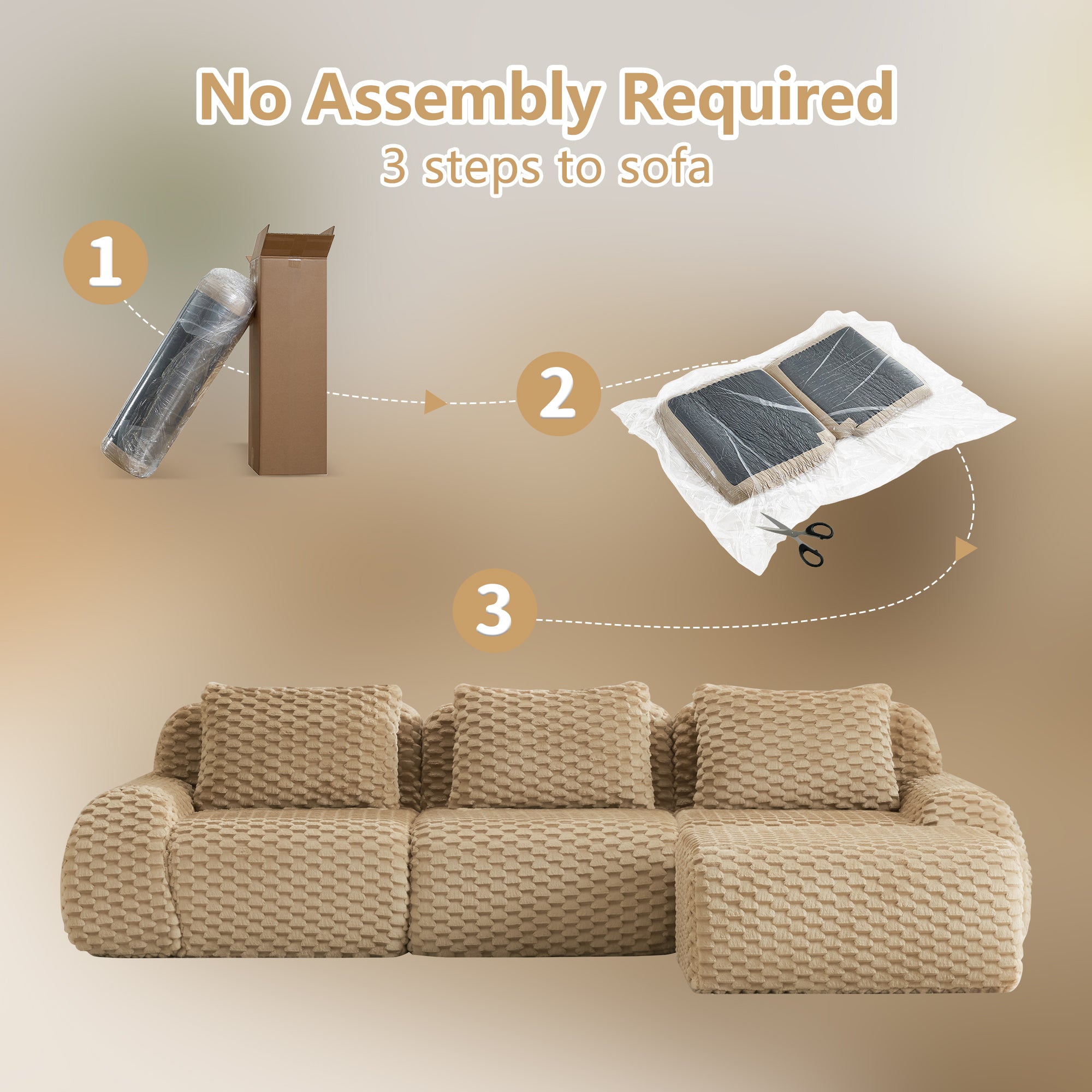No assembly required for L-Shaped Modular Sectional Sofa - Light Camel, shown in a 3-step setup process from box to full sofa.