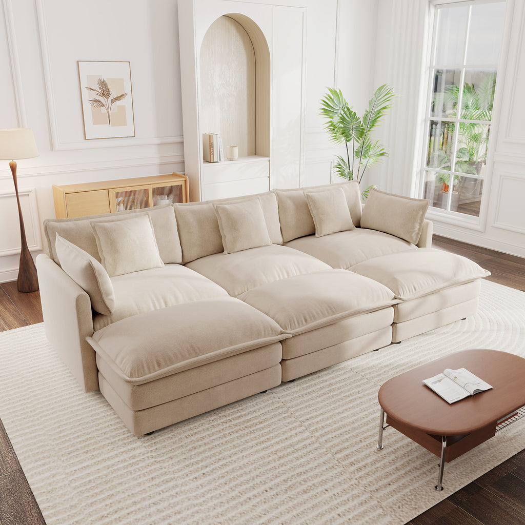 Light Coffee Chenille 3-Seater U-Shaped Sectional with 3 Ottomans