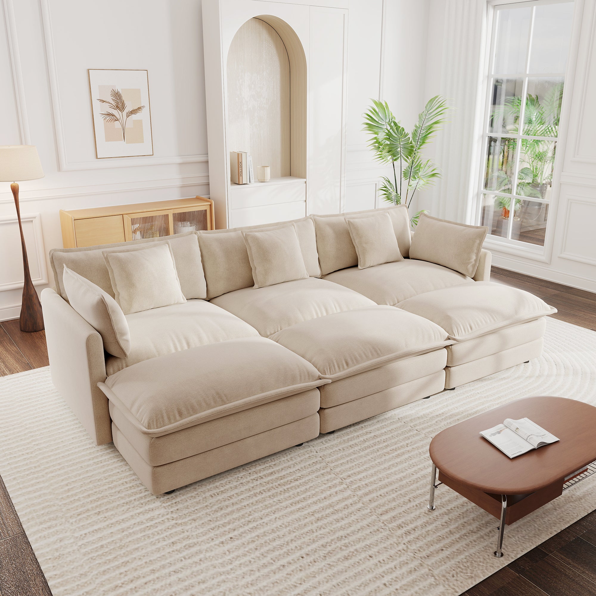 Light Coffee Chenille 3-Seater U-Shaped Sectional with 3 Ottomans