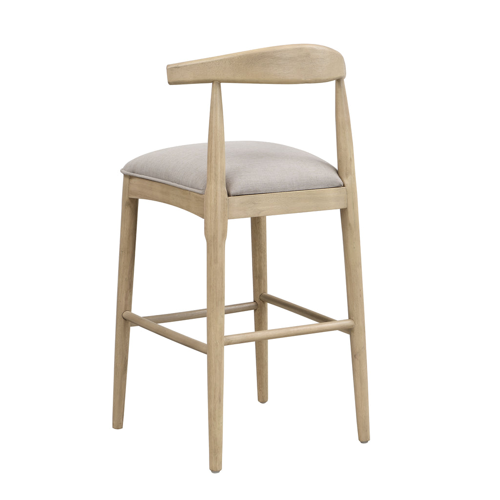 Rear angled view of Stylish Bar Stool - Pebble Fabric | Set of 2, showcasing tapered legs and soft grey seat cushion.