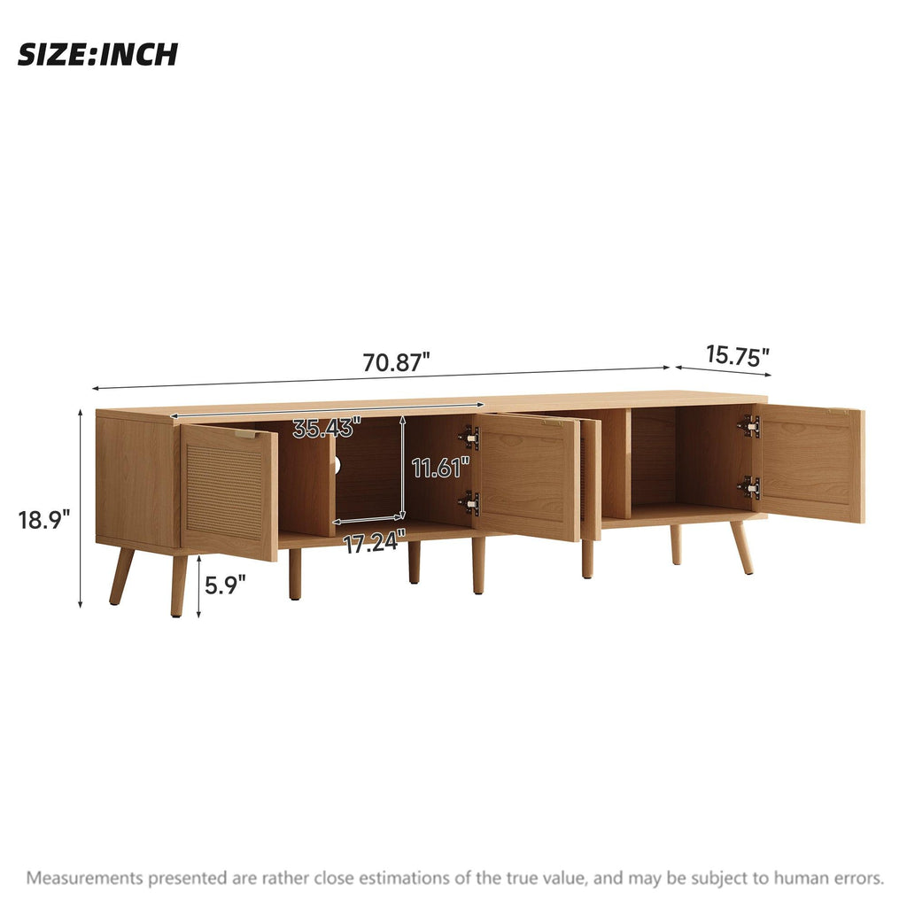 Modern TV Stand with Rattan Doors for 80in TVs.