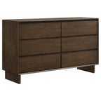 Warm brown solid wood 6-drawer dresser with a modern, minimalist design and seamless fingertip pulls.