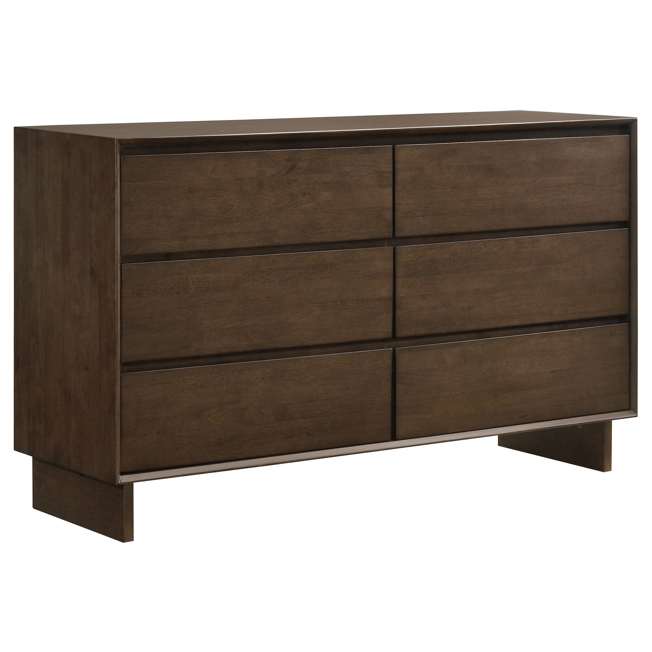 Warm brown solid wood 6-drawer dresser with a modern, minimalist design and seamless fingertip pulls.