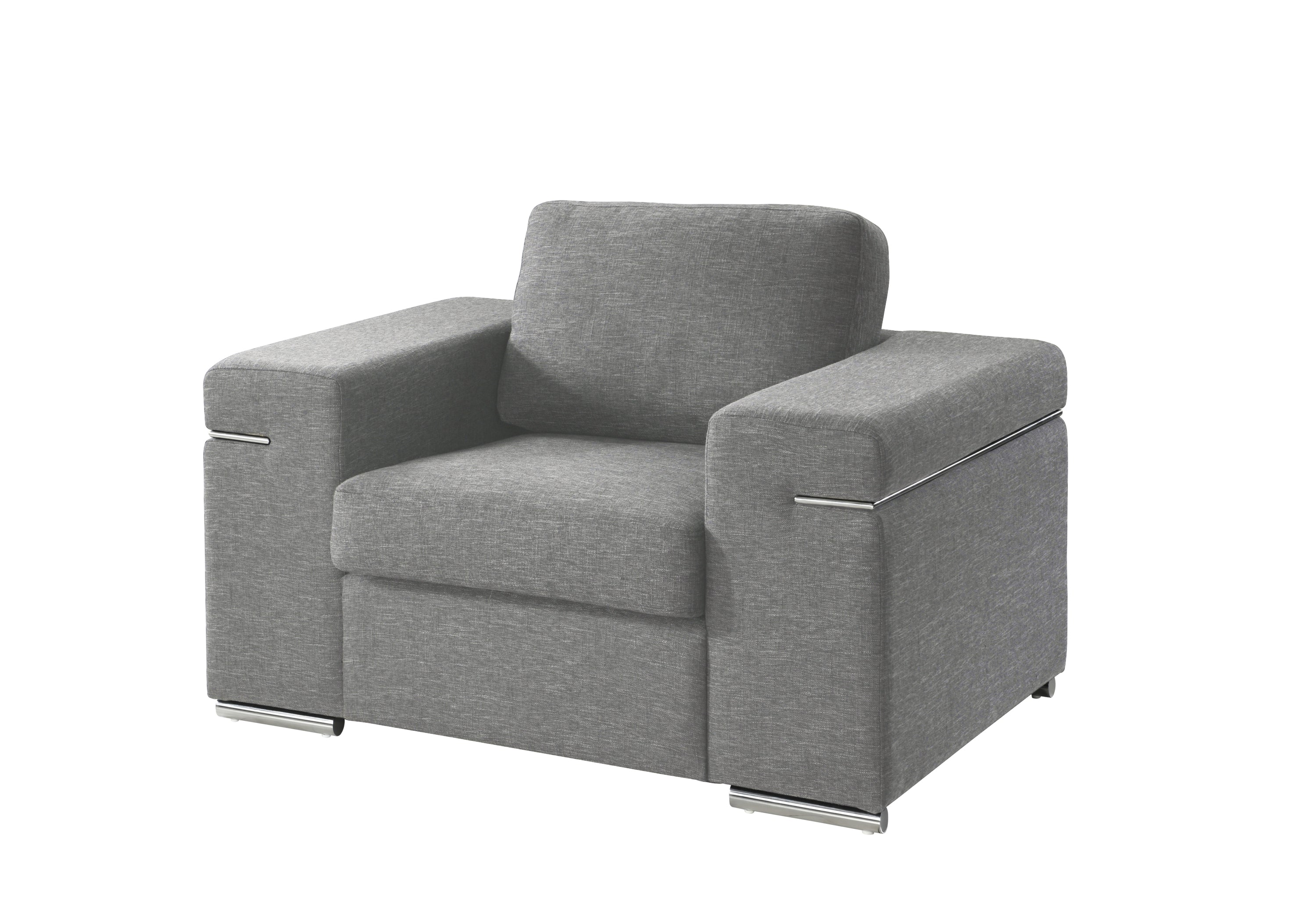 Gianna gray woven fabric arm chair with chrome legs and wide armrests, offering comfort and elegance for modern living rooms.