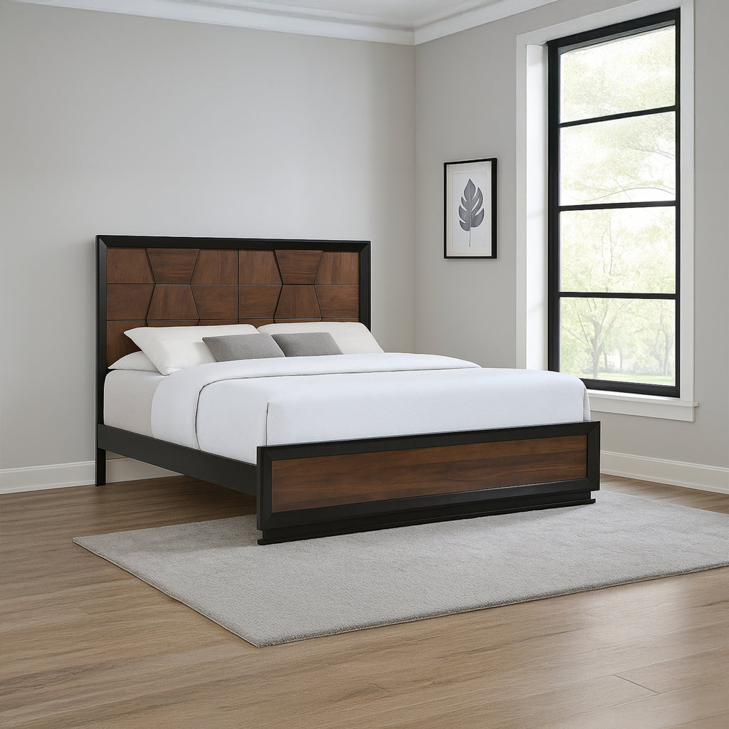 Houston Queen Bed - Walnut Frame in a modern bedroom with geometric panel headboard and solid wood construction, perfect for stylish interiors.