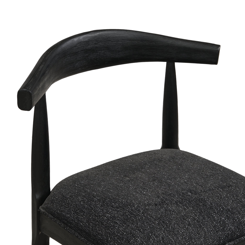 Close-up of Black Fabric Counter Stool backrest and seat, highlighting smooth wood finish and soft fabric texture.