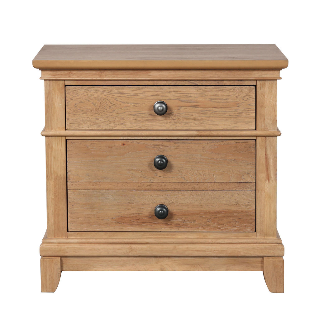 Farmhouse Oak Nightstand - Wood, 3-Drawers, Easy Assembly. Features natural oak finish with black knobs and felt-lined top drawer.
