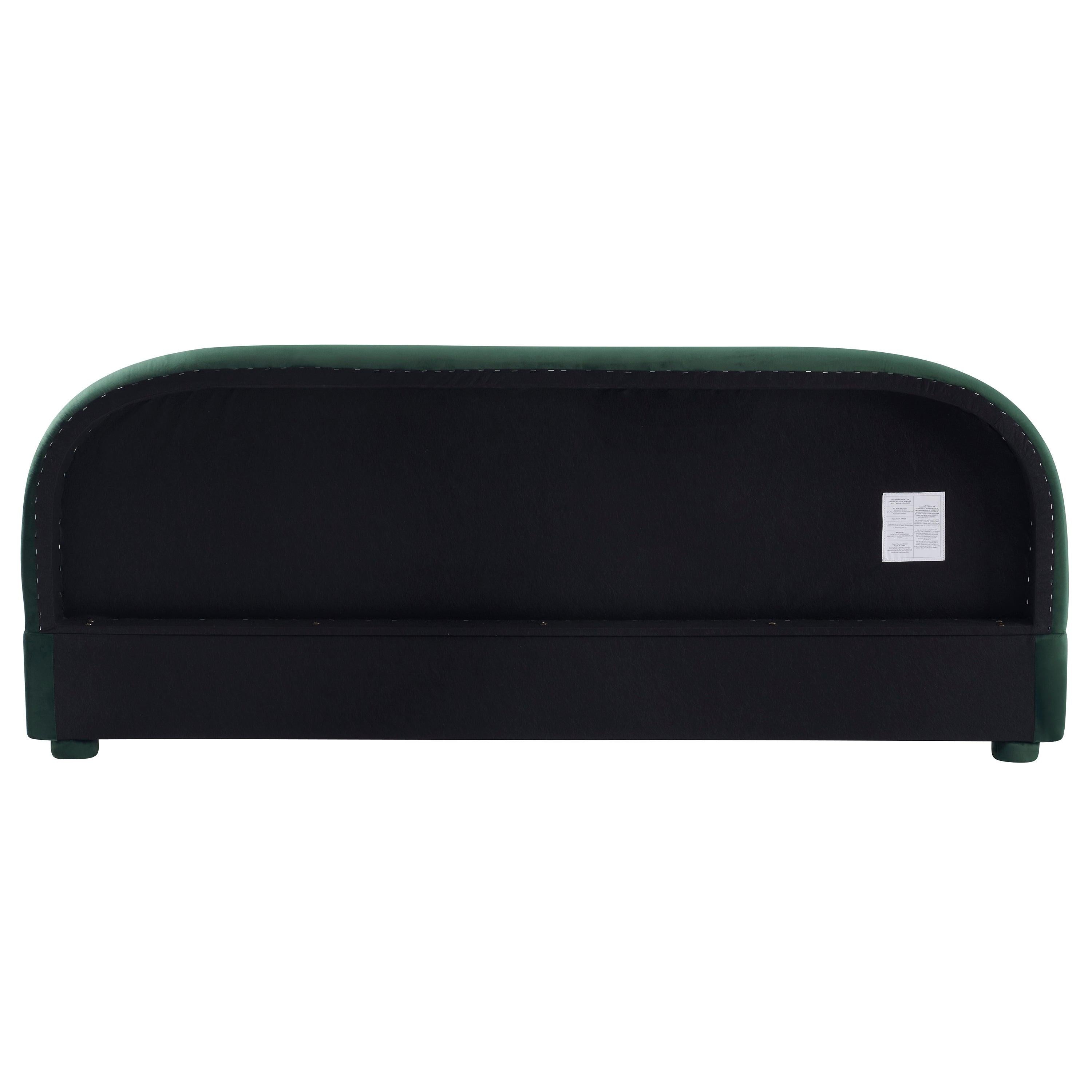 King Size Dark Green Velvet Bed with Curved Headboard.